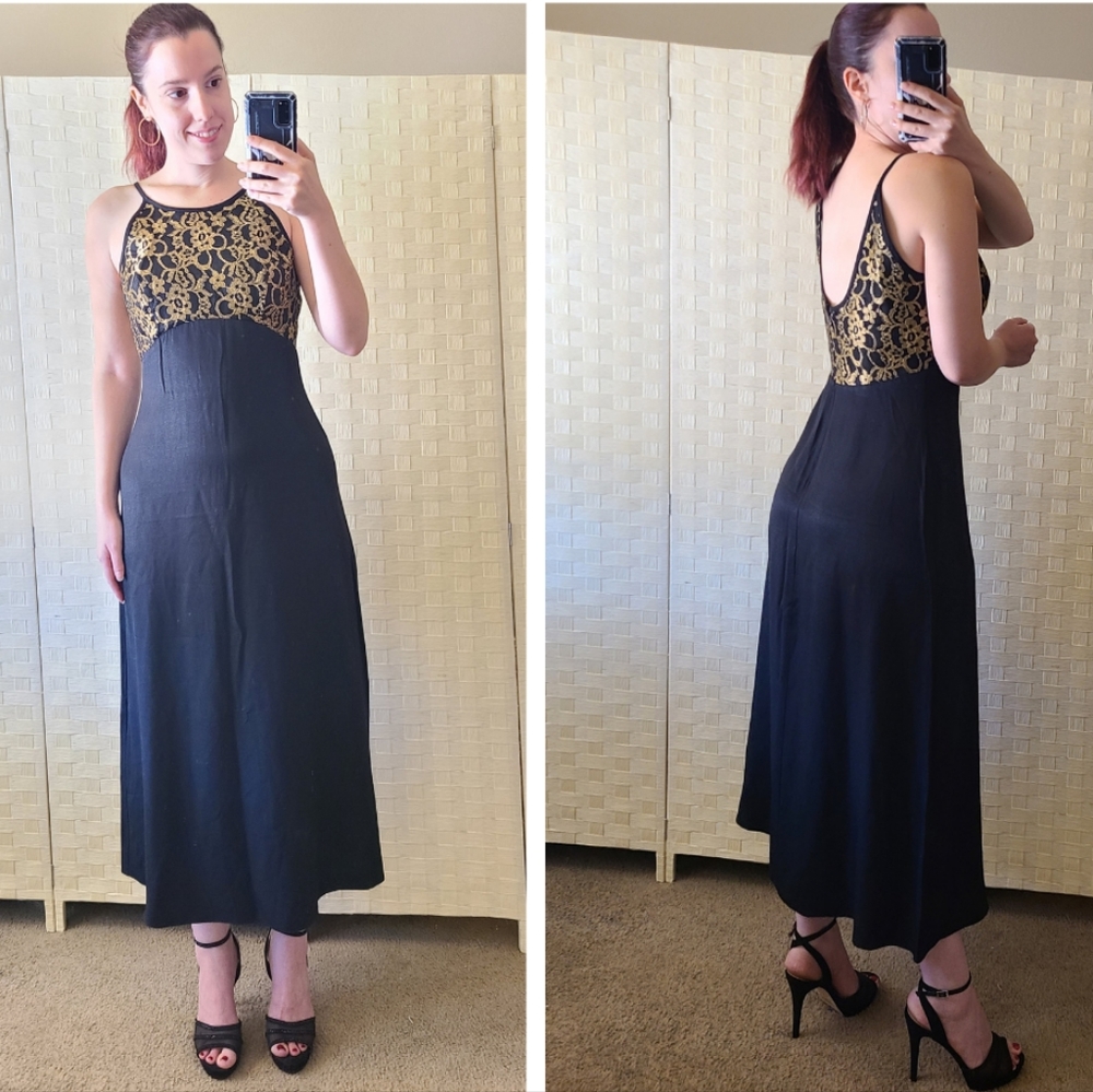 Vintage 80s LATE EDITION Dress Black Gold Lace Scoop Neck A-Line Prom Homecoming